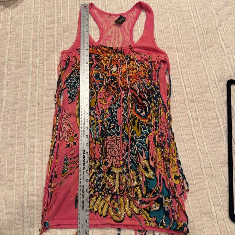 Christian Audigier Pink Tank Sweater Dress w Graphic Design Fringe‎ Y2K - Picture 16 of 17